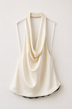 Cargar imagen en el visor de la galería, CONJ. FALDA Y BLUSA BEIGE C/ ENCAJE NEGRO Y BLUSA HALTER